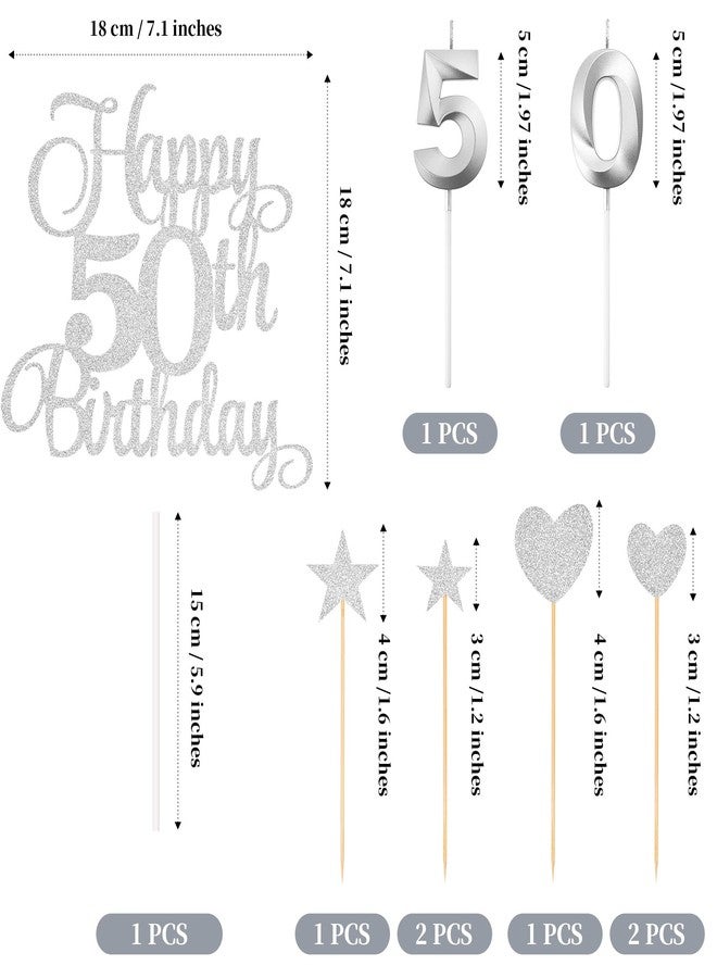 Lecferrarc 50th Birthday Cake Decorations, 50th Birthday Candles Cake Numeral Candles and Glitter Happy 50th Birthday Cake Toppers Set for Birthday Party Supplies (Silver) - Image 2